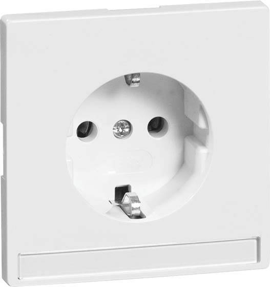 Witte wandcontactdoos met randaarde, geschikt voor Europese stekkers, vierkante vorm, montagekader zichtbaar.