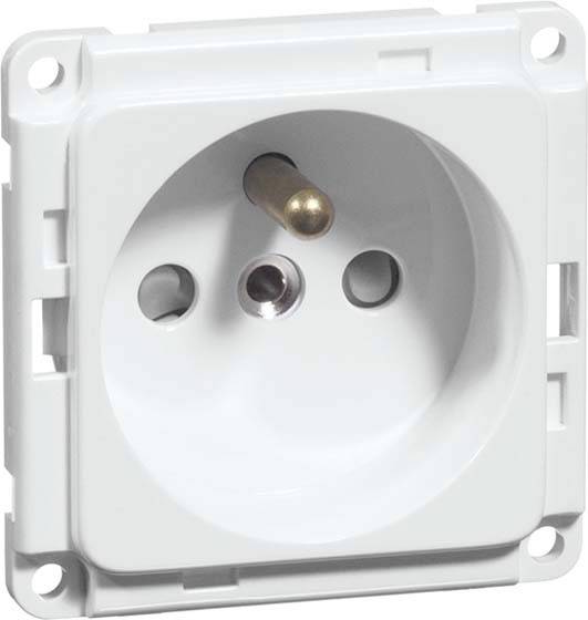 Witte elektrische wandcontactdoos met twee openingen en een aardingspen in het midden.