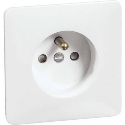 Witte Europese wandcontactdoos met drie gaten en een beschermingscontact in het midden.