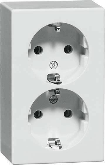 Dubbele wandcontactdoos in een witte wandplaat, verticaal geplaatst.
