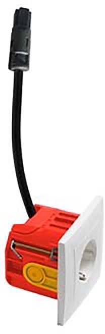 Een rood elektrisch onderdeel met een wit frontpaneel en een zwarte kabelaansluiting, geschikt voor technische installaties.