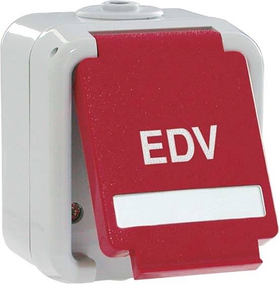 Rode noodstopschakelaar op een machine met het opschrift 'EDV', gereed voor noodbedrijf.