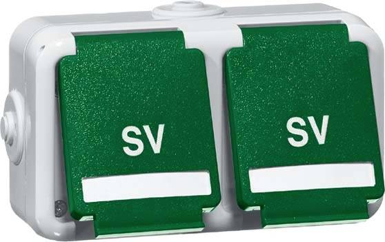 Dubbele groene schakelaar met 'SV' opschrift op beide toetsen, gemonteerd in een grijze behuizing.