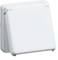 Een witte, vierkante kunststof afdekplaat, vermoedelijk voor een elektrotechnische installatie, weergegeven in gesloten positie.