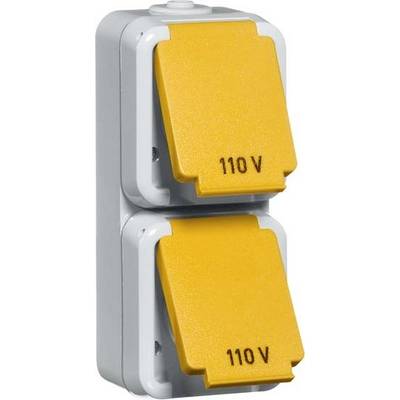 Dubbele wandcontactdoos met gele afdekplaten en de tekst '110 V'. Geschikt voor elektrische apparaten met deze spanning.