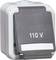 Een beschermkap met de opdruk '110 V', die wordt gebruikt voor een elektrische aansluiting.