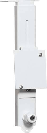 Een witte metalen vergrendelingspen met schroeven en een beweegbare afdekking. Hij wordt gebruikt voor het beveiligen van deuren of ramen.