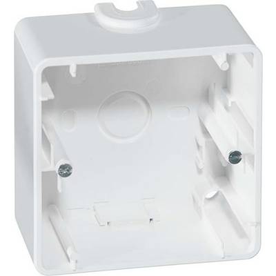 Witte, vierkante opbouw-inbouwdoos met zijdelingse schroeven en ronde uitsparing.