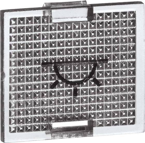 Een rechthoekige reflecterende kattenoog-hoekprisma-reflector met een zwart zonnemotief in het midden.