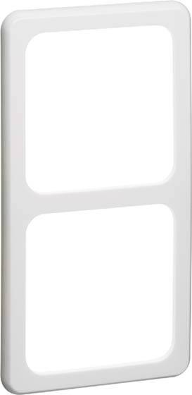 Een witte, rechthoekige kunststof lijst met twee uitsparingen in het midden, geschikt voor het afdekken van elektrische schakelaars.