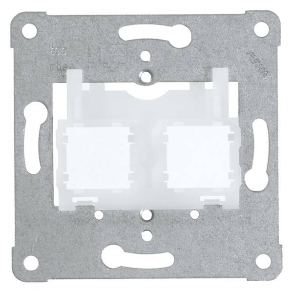 Metalen wandframe voor twee schakelaareenheden, vierkante vorm met open plekken voor bevestiging, tegen een witte achtergrond.