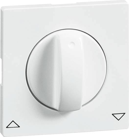 Witte draaiknop op een rechthoekige plaat met twee zwarte driehoeksmarkeringen voor posities.