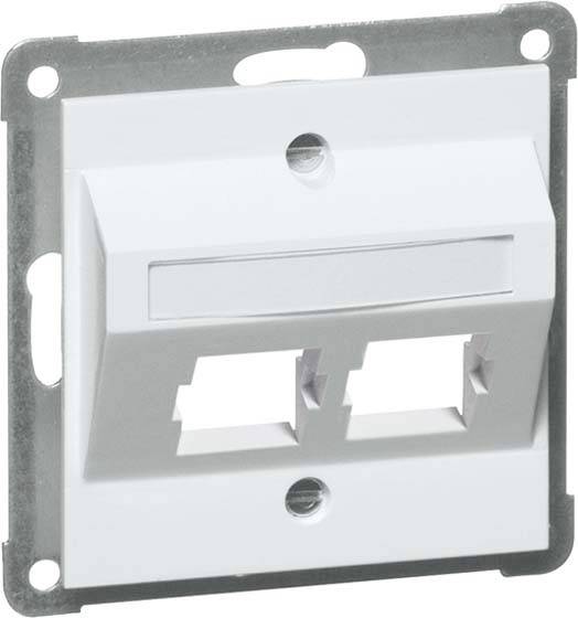 'Witte, rechthoekige inbouw-netwerkaansluiting met twee Ethernet-poorten, te monteren in een muur.'