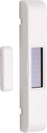 Deurssensor in het wit met een rechthoekige behuizing en zonnepaneel aan de voorkant. Compatibel met beveiligings- of automatiseringssystemen.
