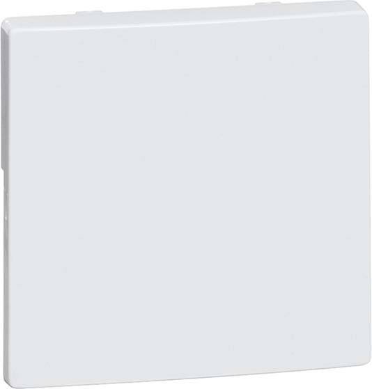 Een vierkante, witte lichtschakelaar tegen een neutrale achtergrond, zonder zichtbare tekens of versieringen.