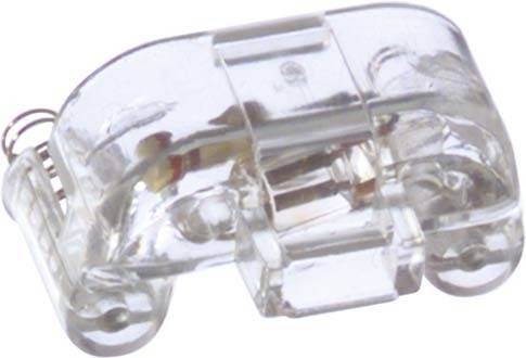 Een transparante, rechthoekige klem met veerconstructie, vaak gebruikt voor het aansluiten van elektrische draden.