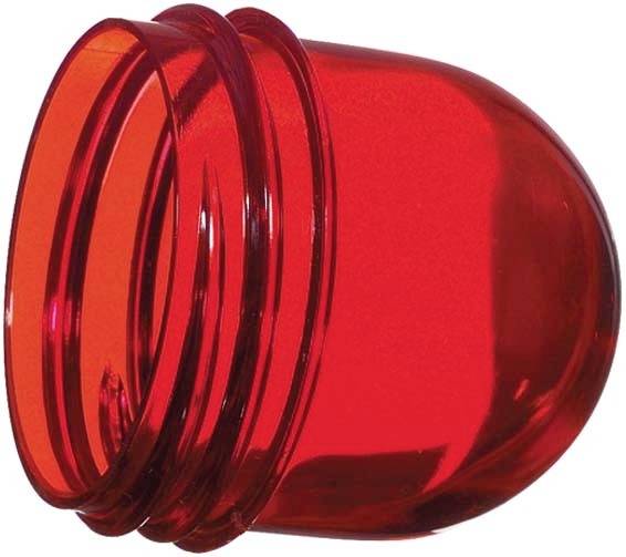Rode, transparante deksel, cilindrische vorm, met schroefdraad aan de binnenkant. Gebruikt als afsluiting voor ronde containers.