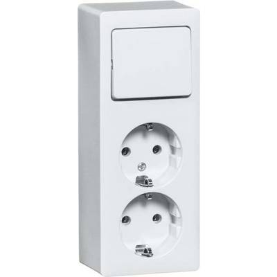 Dubbele stopcontactdoos met schakelaar in wit. Vooraanzicht toont twee aansluitpunten en een tuimelschakelaar bovenaan. Ideaal voor elektrische aansluitingen.