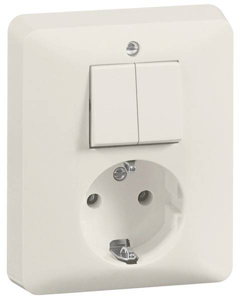 Witte stopcontact met twee lichtschakelaars erboven, gemonteerd aan een muur.