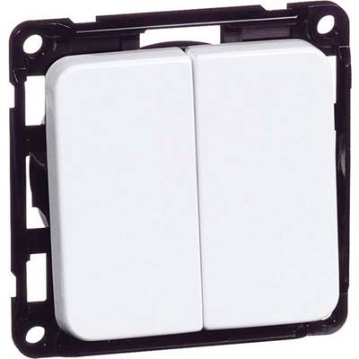 Een witte dubbele lichtschakelaar voor een neutrale achtergrond. Het schakelaarframe is zwart en rechthoekig.