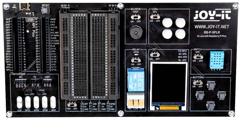 'Joy-It' experimenteerboard met breadboard, USB-aansluiting, relais, LED's, drukknoppen en pinnen, geschikt voor Raspberry Pi Pico.