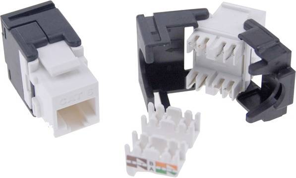 Twee modulaire RJ45-keystone-aansluitingen, een gesloten, een open, met zichtbare kleurmarkeringen voor de kabelaansluitingen.