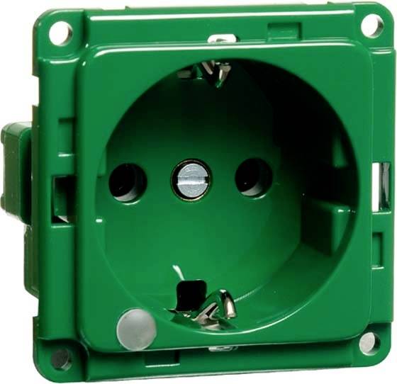 Groene stopcontact van kunststof, zonder zichtbare merkaanduiding, met aardingsaansluiting voor elektrisch gebruik.
