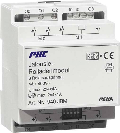 'Jaloezie-rolluikmodule' van PHC met 8 relaisuitgangen, 4A/400V~, Art.nr.: 940 JRM. Voor besturing van jaloezieën en rolluiken.