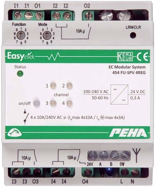 Elektrisch bedieningsapparaat 'PEHA Easyclick 454 FU-SPV 4REG' met schakelaars en aansluitklemmen voor stroomgeleidende bekabeling in gebouwautomatisering.