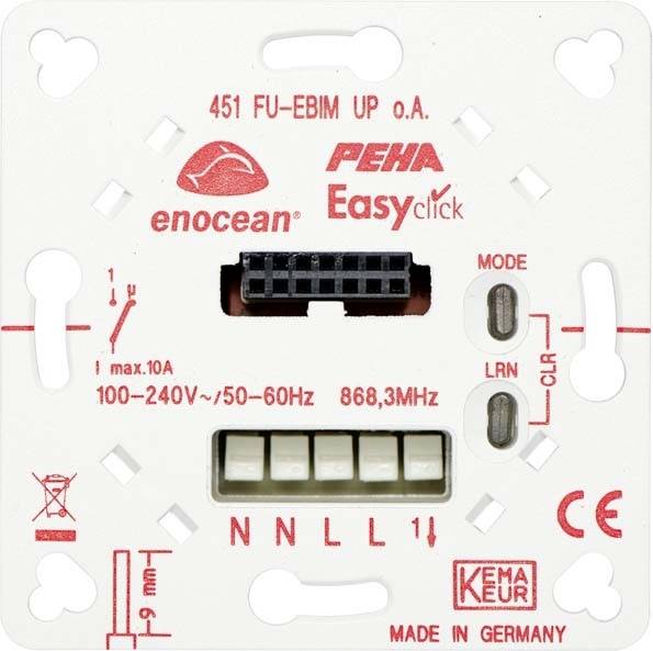'451 FU-EBIM UP' EnOcean-module, wit rechthoek met aansluitingen, labels en logo's voor elektrische verbindingen en besturing.