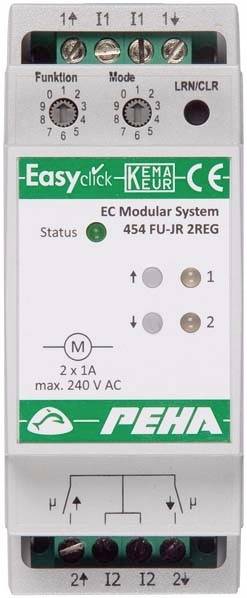 'PEHA Easyclick EC Modulair Systeem 454 FU-JR 2REG'. Toont LED's voor modulestatus, twee kanalen met symbolen, aansluitpunten, merklogo.