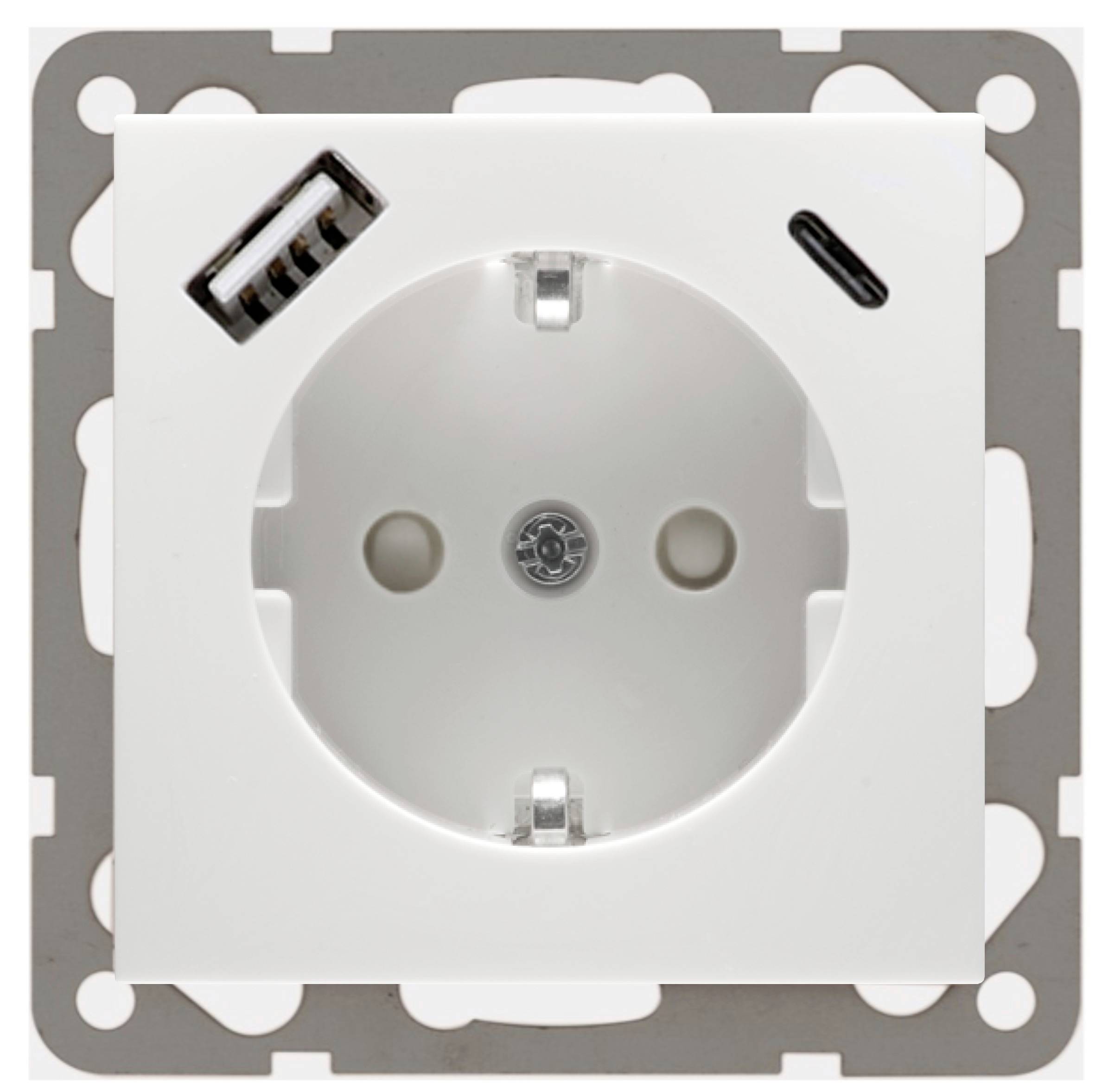 Een wit stopcontact met USB-poorten aan de boven linker- en rechterkant, gemonteerd op een grijze steunplaat.