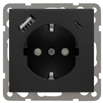 Zwarte wandcontactdoos met geïntegreerde USB-poort op roestvrijstalen frame, vooraanzicht.