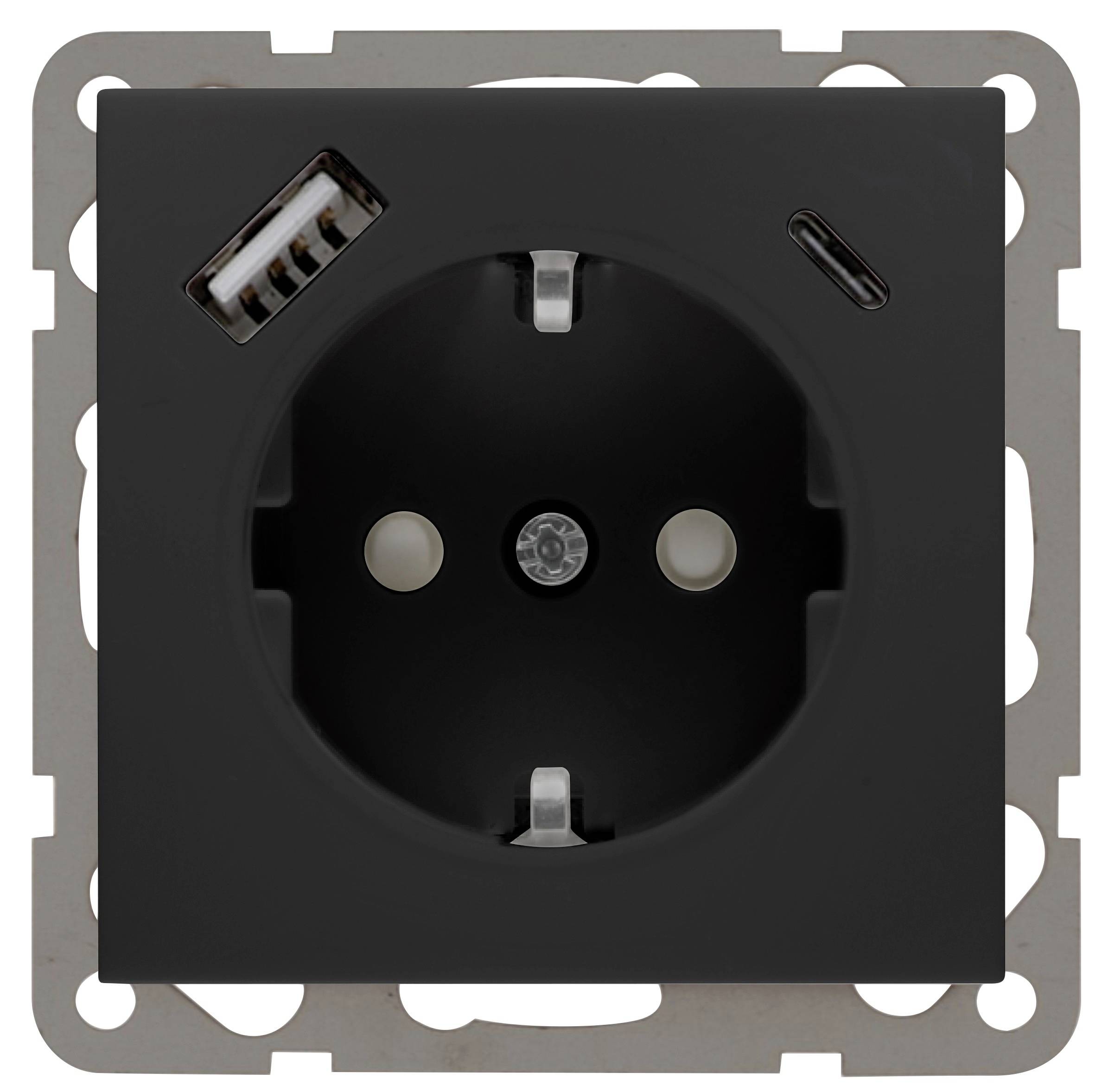 Zwarte stopcontact met USB-poort op metalen frame, geschikt voor wandmontage.