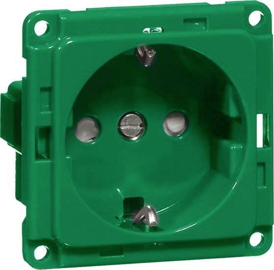 Een groene, vierkante wandcontactdoos met twee ronde openingen en randaarde.