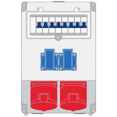 Elektrische verdeelkast met zes blauwe schakelaars bovenaan, twee blauwe stopcontacten in het midden en twee grote rode schakelaars onderaan.