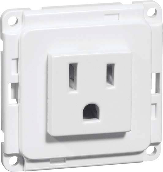 Witte elektrische wandcontactdoos met vierkante vorm en verticale aansluitingen, gemonteerd in een wandplaat.