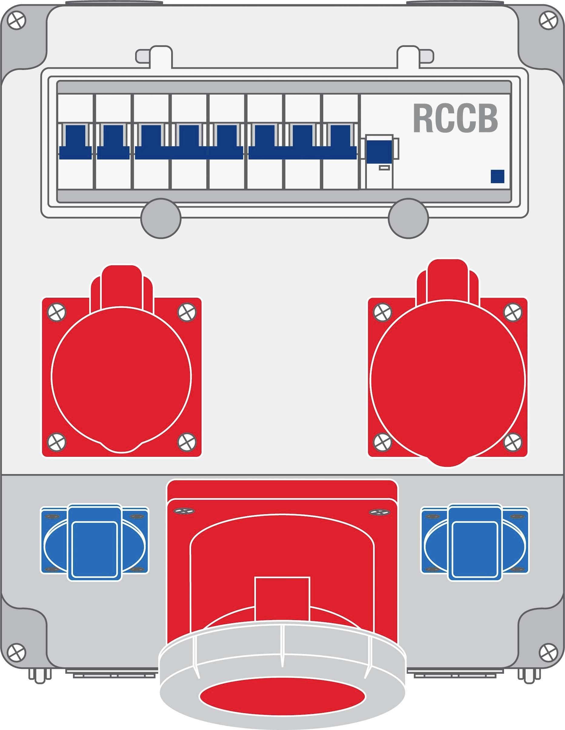 Een elektrisch schakelborddoorsnede met een aardlekschakelaar bovenaan, twee rode stopcontacten en een grotere rode contactdoos onderaan.