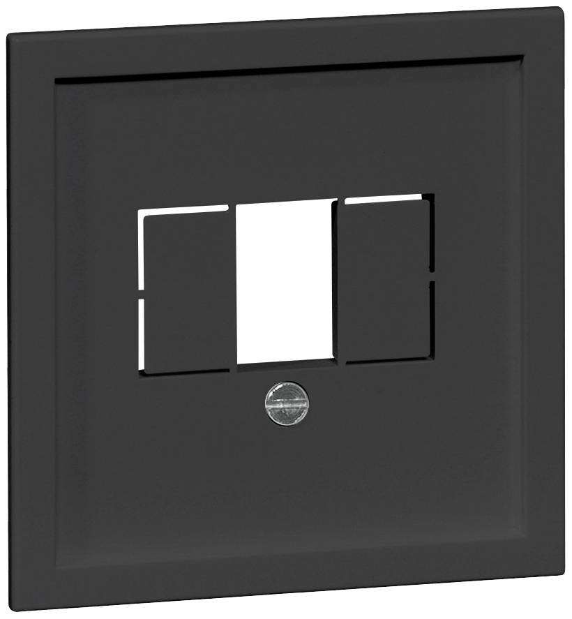 Zwarte kunststof afdekraam voor een drievoudige schakelaar of stopcontact, met middendoorsnede en randen met een gladde afwerking.