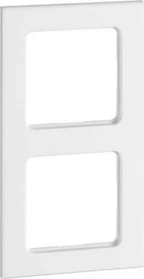 Witte, dubbele wandcontactdoos met afgeronde hoeken, geschikt voor twee stopcontacten in verticale opstelling.