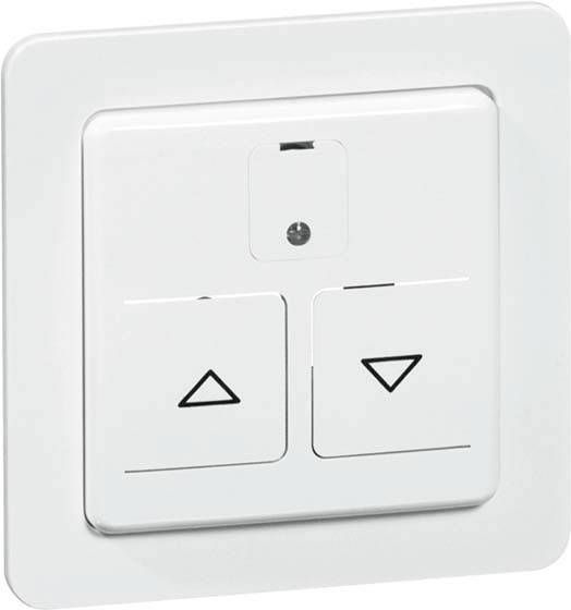 Een witte lichtschakelaar met twee knoppen. Beide knoppen hebben driehoeksymbolen: de linker wijst naar boven, de rechter naar beneden.