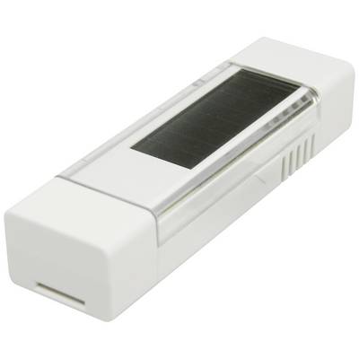 USB-oplader met zonnepaneel, rechthoekig en wit. Ideaal voor milieuvriendelijk opladen onderweg.