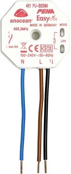 Witte elektrische draadloze actor met draden in blauw, bruin en zwart. Gemarkeerd met 'enocean', 'PEHA', en technische details.