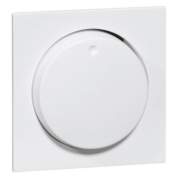 Ronde, witte draaischakelaar op een vierkante plaat, waarschijnlijk een licht- of regelingsschakelaar in modern design.
