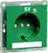 Groene stopcontact met 'SV' opschrift gemonteerd op een metalen plaat.