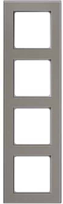 Grijs verticaal paneel met vier vierkante uitsnijdingen in gelijkmatige tussenruimtes boven elkaar gerangschikt.