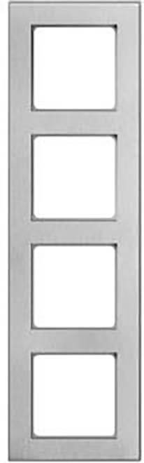 Een zilveren, rechthoekige lijst met vier even grote, vierkante uitsnijdingen in een verticale rangschikking.