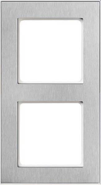 Twee rechthoekige metalen frames, op elkaar geplaatst, met open ruimtes voor toekomstige installatie van schakelaars of stopcontacten.