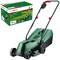 Een groene Bosch grasmaaier met zwart-rode handgreep, model 'EasyMower 18-32-200', getoond naast zijn verpakking.