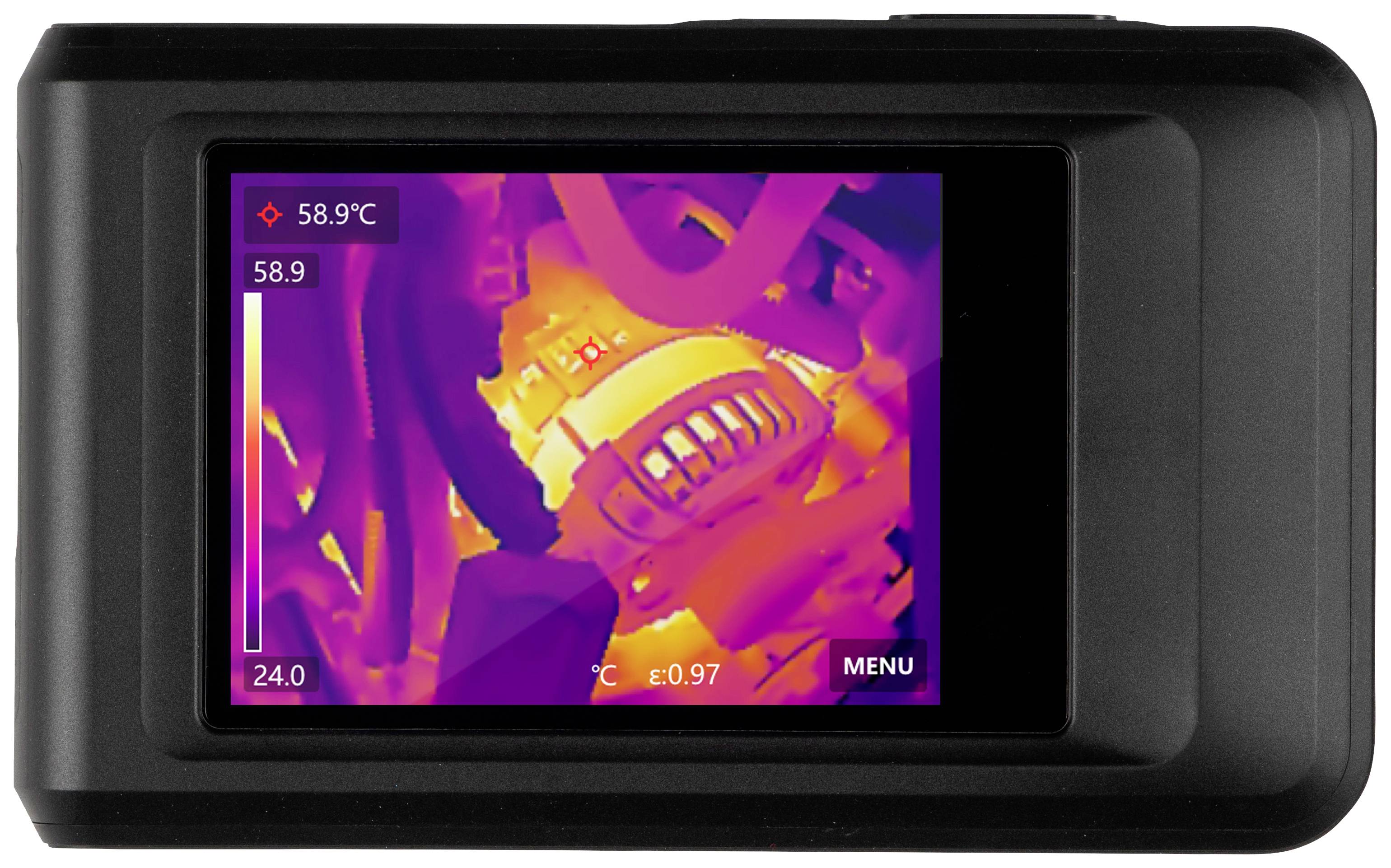 Het beeld toont het display van een warmtebeeldcamera met temperatuurweergave. Het hoogste temperatuurbereik is 58,9°C in het midden.